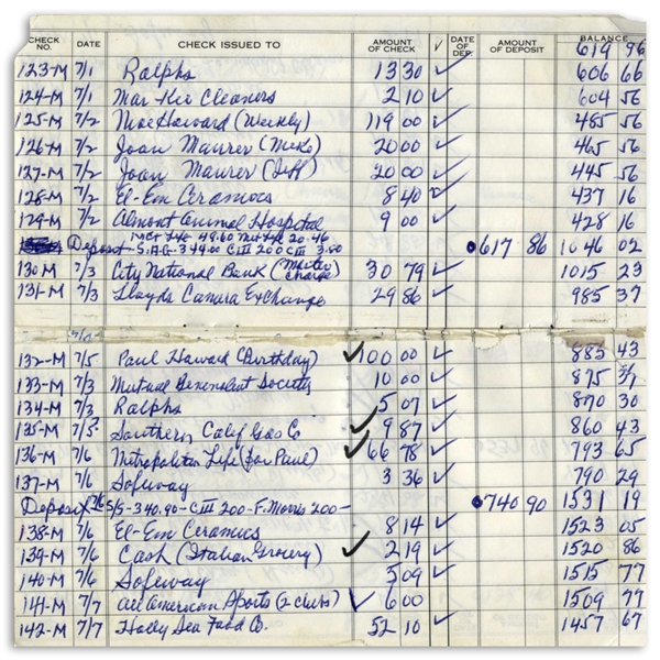 Moe Howard's Check Ledger From 1974, With His Handwritten Entries From June to August -- Approximately 80 Entries, Including Signatures -- Worn From Use, Very Good Condition